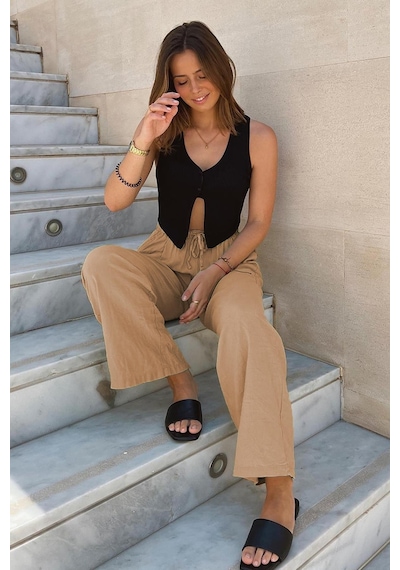 Madmext Bej Beli Büzgülü Wide Leg Kumaş Pantolon Mg1950-bej Bej