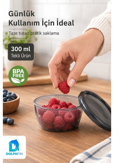 Yuvarlak Saklama Kabı 300 Ml 12,5x12,5x5 Cm Şeffaf Siyah Kapaklı Bpa İçermez