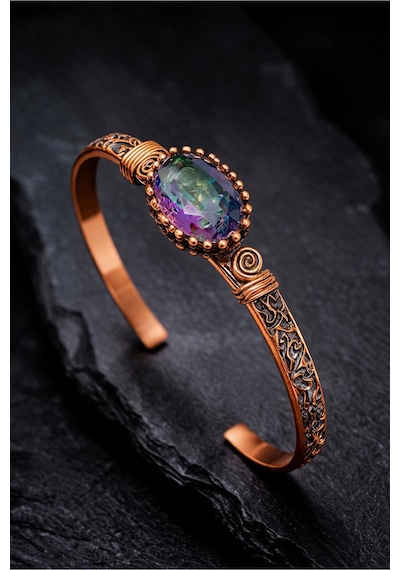Kadın Bakır Bileklik Yüzük Set Mistik Topaz Oval Model Taşlı Kelepçe Bilezik Diğer