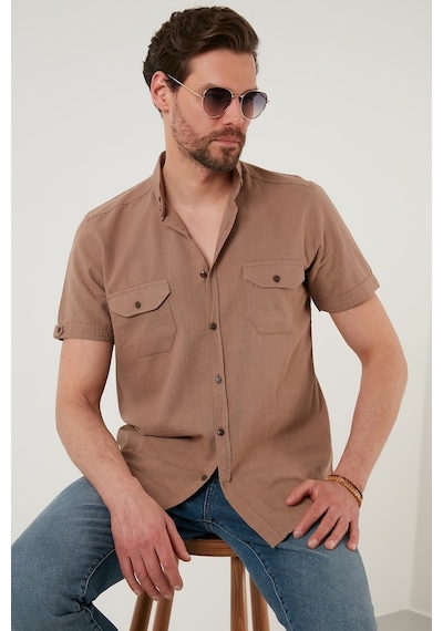 Buratti Düğmeli Yaka Pamuklu Slim Fit Cepli Erkek Gömlek Cf21S111153 Toprak