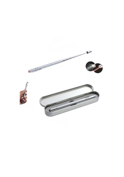 Metal Kutulu Kırmızı Lazerli, Led Işıklı Pointer Kalemi Rehber İşaretçi Uzayan Metal Tükenmez Kalem Gümüş