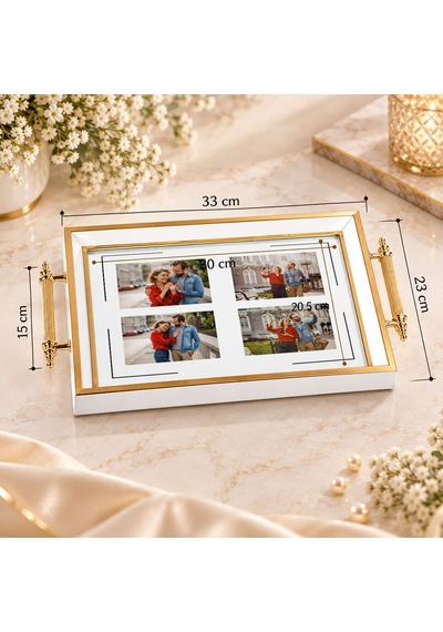 Bk Gift Kişiye Özel Fotoğraflı Beyaz&gold Söz Nişan Tepsisi-1 - 39x23 Cm Çok Renkli