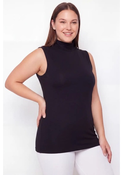Terrien Özel Üretim Tekstil Stilli Temel Kadın Büyük Beden Balıkçı Yaka Kolsuz Body Siyah 2'li Paket Siyah-2