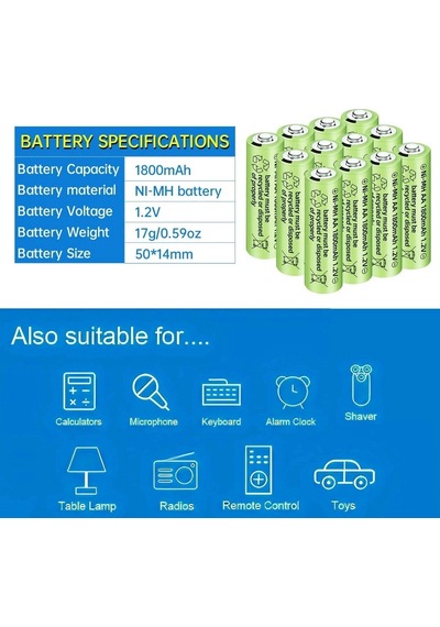 1800 Mah 1.2v Aa Ni-mh Şarj Edilebilir Pil 12 Adet