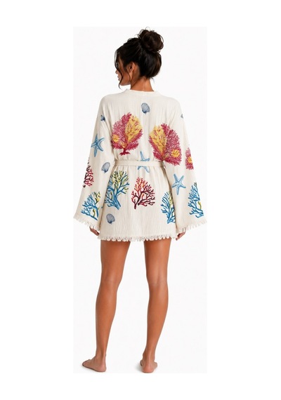 Mulberry Sedna Kadın Ekru Müslin Kimono Bornoz Kuşaklı, Püskül Detaylı, Oversize Rahat Kesim Plaj & Ev Giyim Mercan