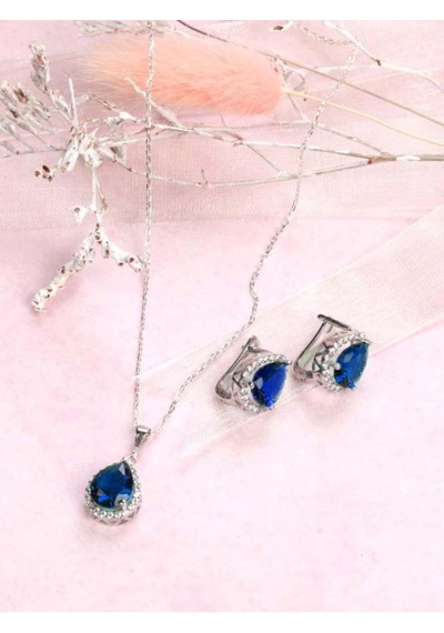 Brezza Lusso Jewelry Damla Model Safir Mavisi Zirkon Taşlı Gümüş Kadın Kolye Küpe Seti