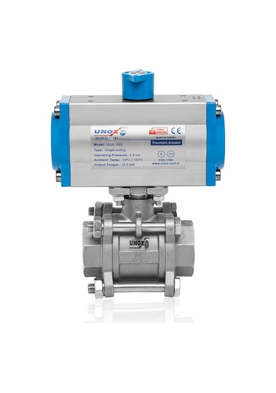 Unox Dn15-1/2" Çift Etkili Pnömatik Aktüatörlü Paslanmaz 2 Parçalı Dişli Küresel Vana