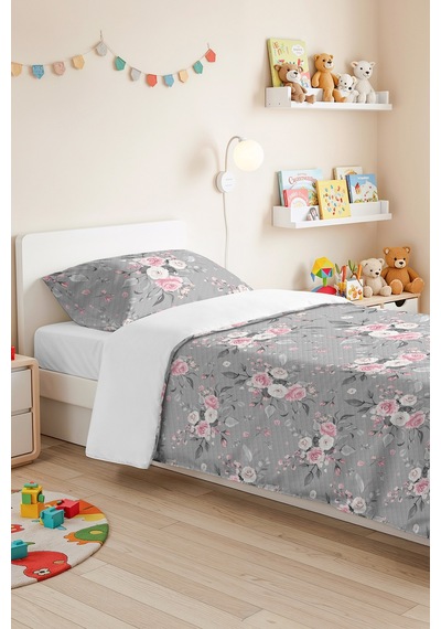 Gri Çiçekli Genç Odası Tek Kişilik Pike Takımı - Pembe Modern Gül 160x220 Cm Kapitone Yatak Örtüsü Hafif Defne Kırıntısı