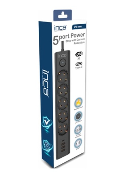 İnca Ipw-44tu 5 Port 2x Usb+ Type-c Akım Korumalı Led Tuşlu Priz 1.5m - Siyah