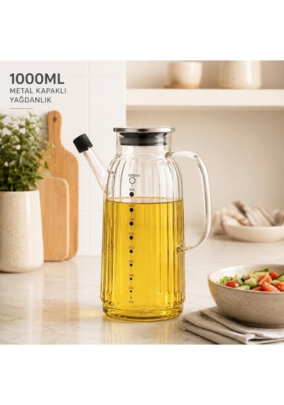 Cam Yağdanlık 1000 Ml Ölçü Göstergeli Silikon Uçlu Paslanmaz Kapaklı