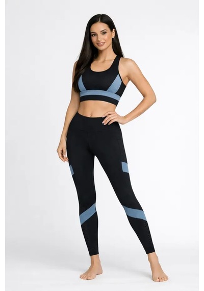 Ayle Moda Kadın Spor Takım Büstiyer + Yüksek Bel Tayt Seti Siyah Mavi Şerit Detaylı Fitness Kombin Siyah - Mavi