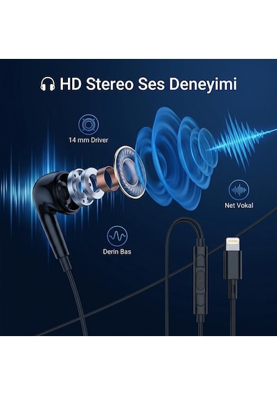 Dijital Mikrofonlu Kablolu Kulaklık Lightning Bağlantılı İphone & İpad Uyumlu Stereo Kulakiçi Kulaklık