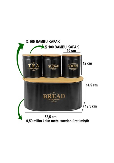 Bambu Kapaklı Metal Ekmeklik & Kavanoz Seti Modern Mutfak Düzeni Siyah Siyah