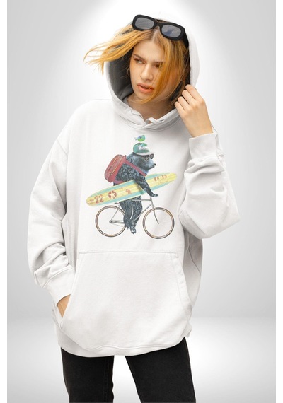 Komik Köpek Sörf Tahtası Bisiklet Kadın Erkek Beyaz Kapüşonlu Sweatshirt Hoodie Beyaz