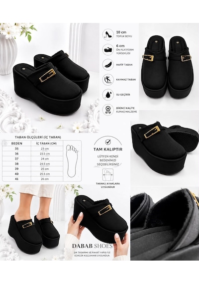 Dabab Shoes Nara Kadın Siyah Sıcak Kürklü Gold Tokalı Kapalı Burun Dolgu Topuklu Platform Terlik Dabab Shoes Nara Kadın Siyah Sıcak Kürklü Gold Tokalı Kapalı Burun Dolgu Topuklu Platform Terlik