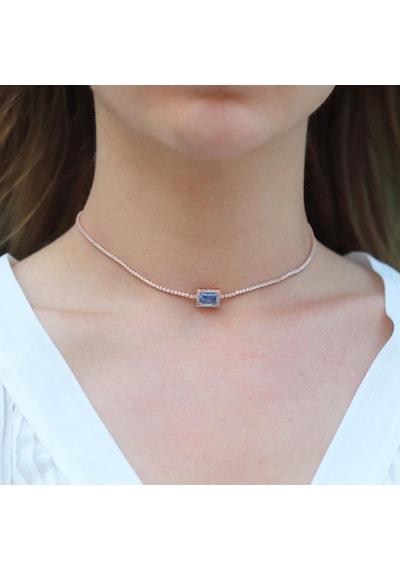 Aquamarin Taşlı Rose Gold Kaplama Choker Gümüş Kolye Gümüş