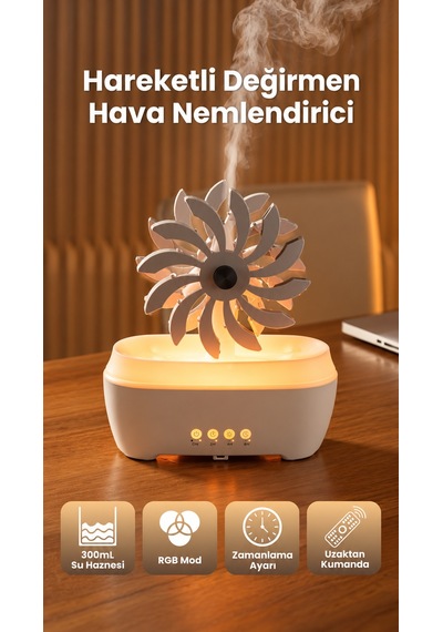 Değirmen Hava Nemlendirici Aroma Difüzörü Aromaterapi Rgb Ledli Buhar Makinesi