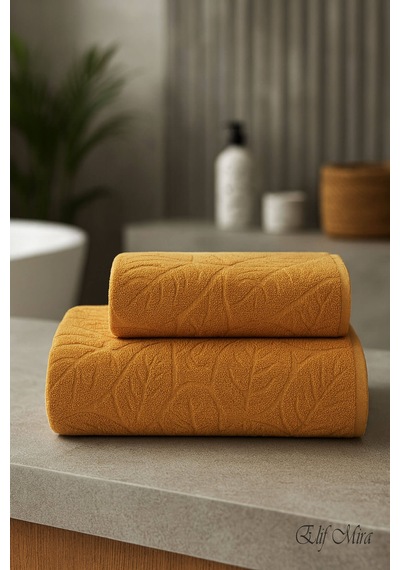 Banyo & Yüz Havlusu Seti Dokulu %100 Pamuk 90x150 + 50x90 Cm Foliva Hardal