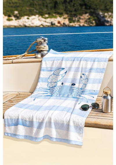 Yengeç Temalı Çizgili Marine Çocuk Plaj Havlusu - Mavi Beyaz Nautical Hızlı Kuruyan Mikrofiber Havlu Mat Bahçe