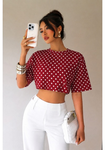 Hımmelduf Kadın Puantiye Desenli Crop Tişört Basic Oversize Yazlık Bluz Bordo