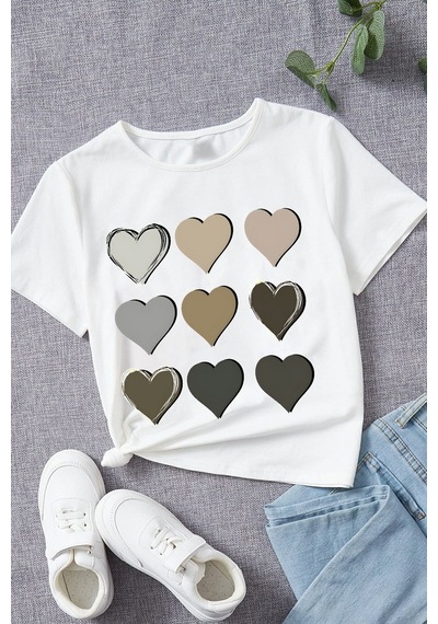 Uyguntarz Çocuk Kalp Baskılı Pamuklu Tshirt Beyaz
