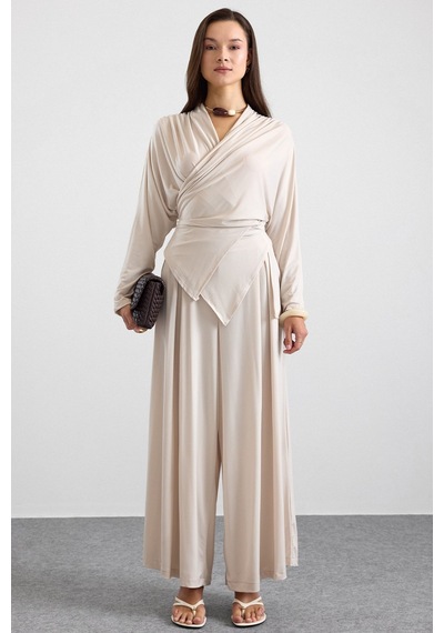 Olcay Asimetrik Kesim Şalvar Pantolon Kimono Takım Bej 9475-tk