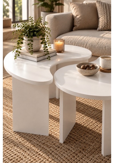 Sulorahome 2'li Oval Modern Orta Sehpa Seti Beyaz