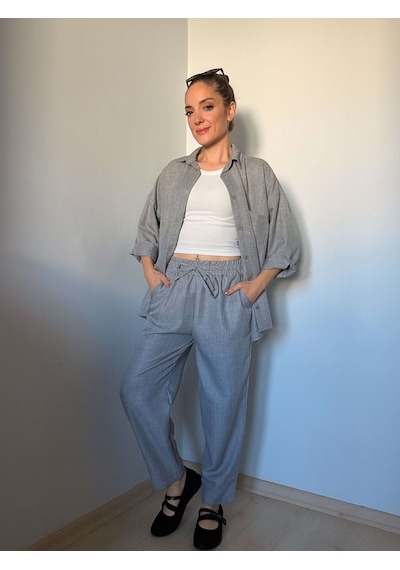 Ali Butik Gri Keten Gömlek Pantolon Takım Gri