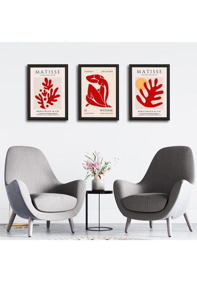 Henri Matisse 3'lü Alüminyum Çerçeveli Poster Seti - Önden Açılır A3 Açılır Kapanır Çerçeve Seti Kırmızı Soyut Figürler, Siyah