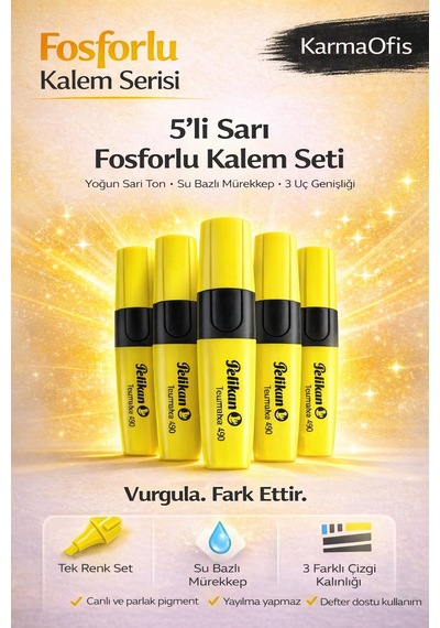 5 Li Sarı Fosforlu Kalem Seti Su Bazlı, 3 Uçlu, Yoğun Pigment Sarı