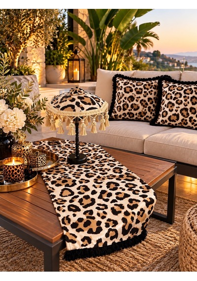 Missidea Leopard Luxury Desenli Dekoratif Masa Üstü Lambası Bali Şemsiyesi Seti Şemsiye + Runner + 2 Li Kırlent Kılıfı Çok Renkli 69841645