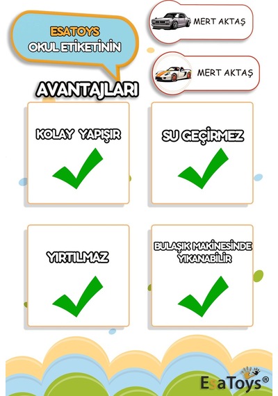 Yarış Arabası Temalı Özel İsminiz Yazılı Okul Etiketi Diğer