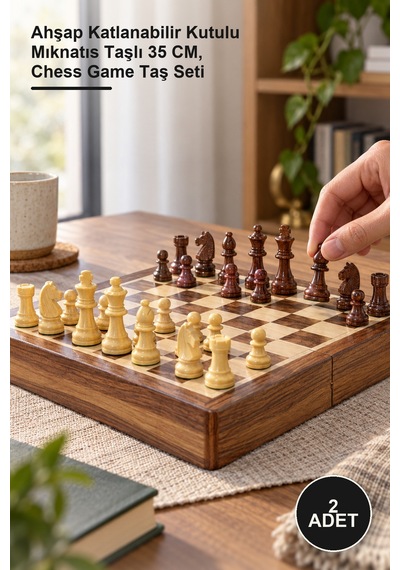 2 Adet Satranç Oyunu Ahşap Katlanabilir Kutulu Mıknatıs Taşlı 35 Cm, Chess Game Taş Seti