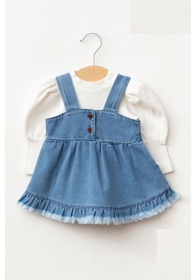 Cantoy Kız Bebek Püsküllü Kot Jile Elbise Balon Bluz Lüks Jean Takım Açık Mavi