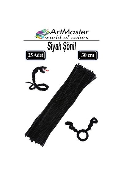 Şönil Siyah 30 Cm 25 Li 1 Paket Renkli Tüylü Tel Şönil Pipo Temizleyici Okul Öncesi Anasınıfı Kreş Hobi Eğitici