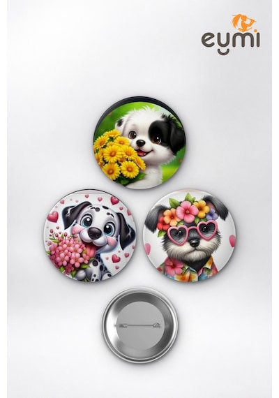 Sevimli Yavru Köpekler Çiçek Bahçesi Çanta Süsü Rozet İğneli Buton Rozet Seti 58 Mm 3'lü Çok Renkli
