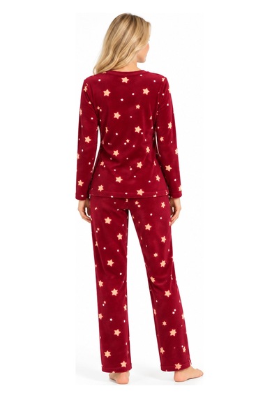 Sleeeproom Kadın Süet Mevsimlik Yıldız Desen Bordo Pijama Takımı