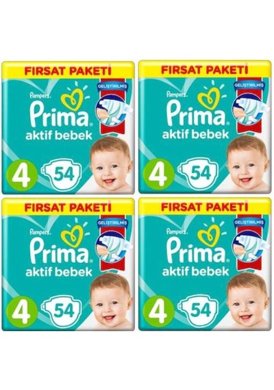 Prima Pampers Aktif Bebek Fırsat Paketi Bebek Bezi 9-14 KG 4 Beden 4 x 54 Adet 4'lü