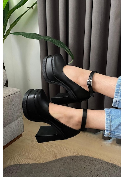 Preshley Kadın Elanor Siyah Deri Bilekten Bağlamal 12 Cm Platform Topuklu Ayakkabı-siyah Siyah