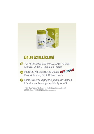 Sidrex Olivia Zeytin Yaprağı Eki Tip 2 Kolajen Yumurta Kabuğu Zarı İçeren Takviye Edici Gıda 60 Tablet