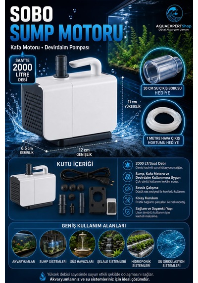 Sobo Sump Motoru - Kafa Motoru - Devirdaim Pompası - 2000 Lt/saat - 30 Cm Su Çıkış Borusu - 1 Metre Hava Hortumu Hediye