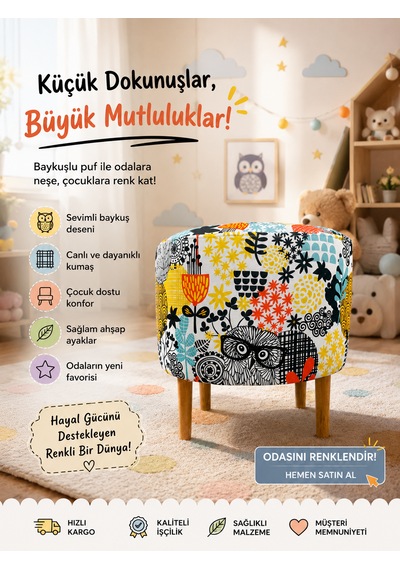 Diday Baykuş Puf Trend Puf Koltuk Puff Bench Dekoratif Bohem Doğal Gürgen Ayaklı Çok Amaçlı Bahçe Ev Balkon Çok Renkli