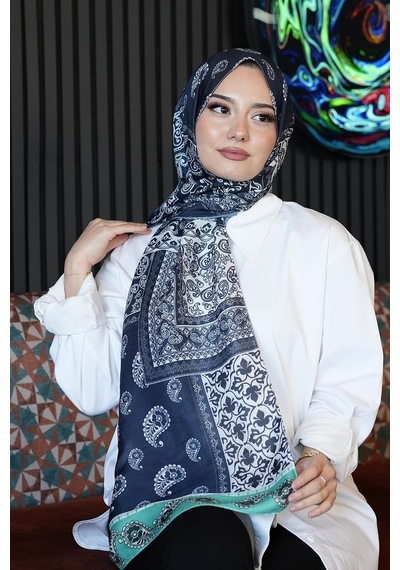 Paisley Desen Lacivert Soft Pamuk Şal Lacivert Çok Renkli