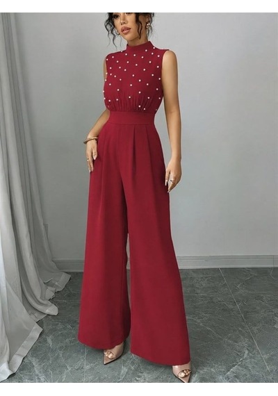 Alemdarshop Kadın Balıkçı Yaka Kolsuz Incili Beli Kuşaklı Uzun Janjan Tulum Kırmızı