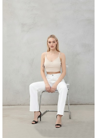 Kene Jeans Paça Yan Yırtmaç Beyaz Boyfriend Bol Paça Pantolon Beyaz