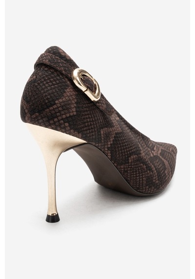 Luvishoes Polly Kahverengi Desenli Tokalı Kadın Topuklu Ayakkabı Kahverengi