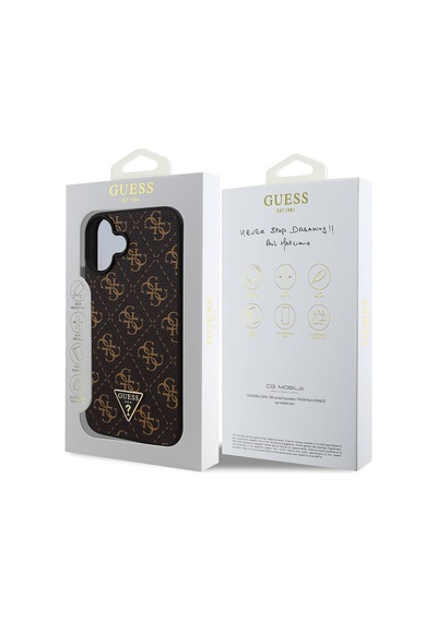 Apple iPhone 16 Plus Uyumlu Kılıf Guess Lisanslı Pu Deri 4g Desenli Üçgen Logolu Kapak Siyah
