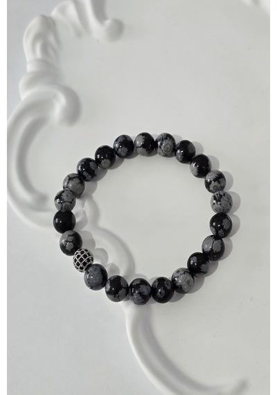 8 Mm Zirkon Taşı Karlı Obsidyen Doğaltaş Bileklik Siyah - Beyaz