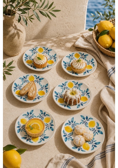 6 Lı Limon Desenli Seramik Tatlı Tabağı 16 Cm Akdeniz Temalı Pasta Kahvaltı Ve Sunum Tabağı Beyaz