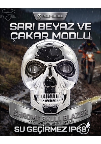 Su Geçirmez Ip68 Krom Kuru Kafa Tasarımlı Motosiklet Farı 2 Adet Sarı Beyaz Led